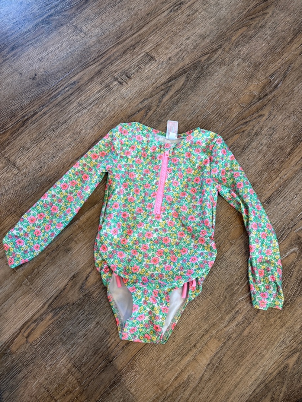 Cat & Jack Pink and Green Floral Long-Sleeve One-Piece Swimsuit